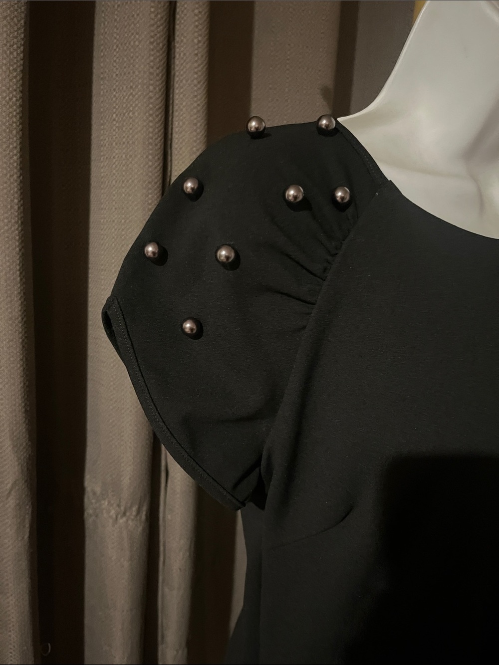 Betsey Johnson Black Shift Dress with Faux Pearl/Stud Embellished Puff Sleeves - Picture 4 of 9